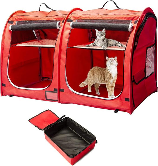 Mispace Portable Twin Compartment Show House Cat Cage/Condo - Easy to Fold & Carry Kennel - Comfy Puppy Home & Dog Travel Crate with Portable Carry Bag/Two Hammocks/Mats and Collapsible Litter Box