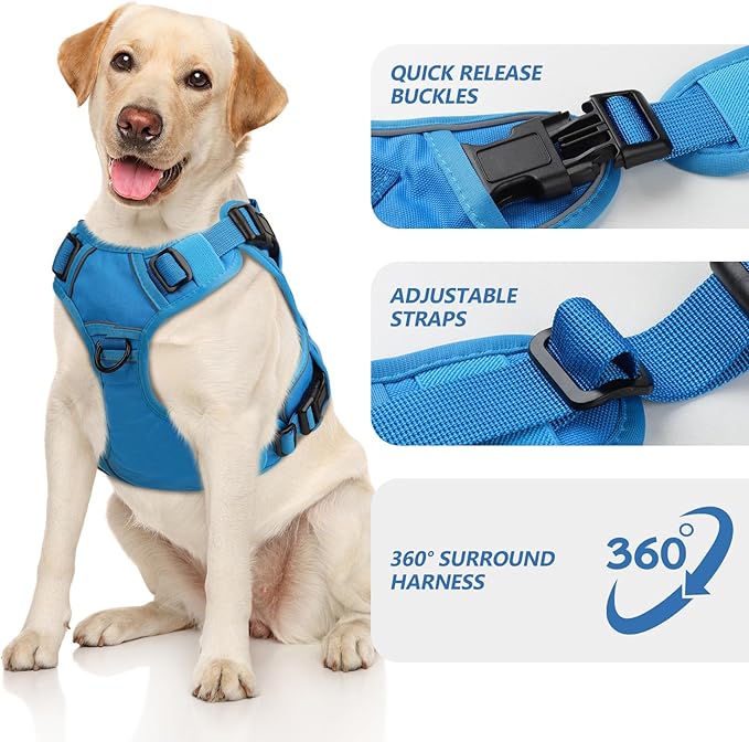 WINGOIN Blue Tactical Dog Harness for Large Dogs, Heavy Duty No Pull Dog Harness with Handle, Adjustable Reflective Military K9 German Shepherd Big Size Dog Vest for Walking, Training, Hunting (L)