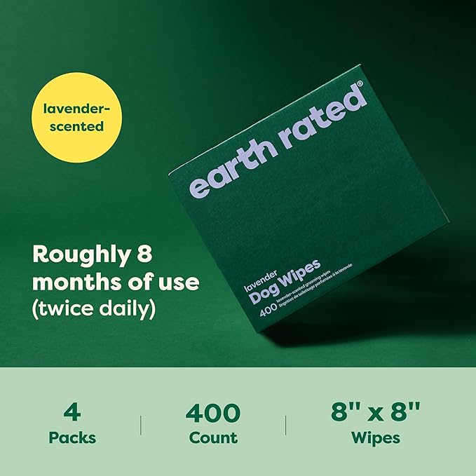 Earth Rated Dog Wipes, Hypoallergenic, Cleaning and Hydrating, for Grooming Paws, Body and Butt, Lavender Scented, 400 Count