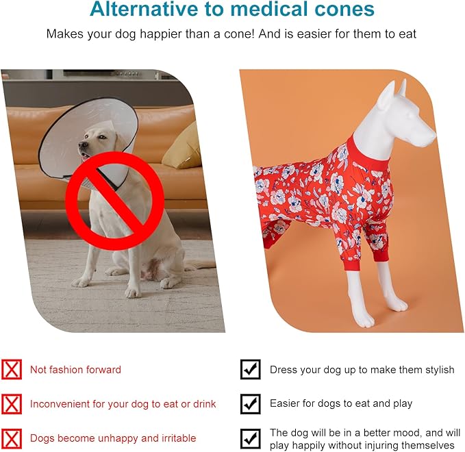 LovinPet Large Fat Dogs Pajamas Onesies -Anti Licking & UV Protections Dog Shirt,Stretchy Comfortable Skin-Friendly Fabric,Post Surgery Recovery Dog Pajamas,Red Peach Floral Print,L