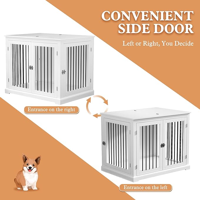 Dog Crate Furniture with Cushion, Dog Crate End Table Large, Indoor Dog Kennel, Dog House, Dog Cages for Large Dogs, Furniture Style Dog Crate with Flip-top, Chew-Proof Metal Bars, White