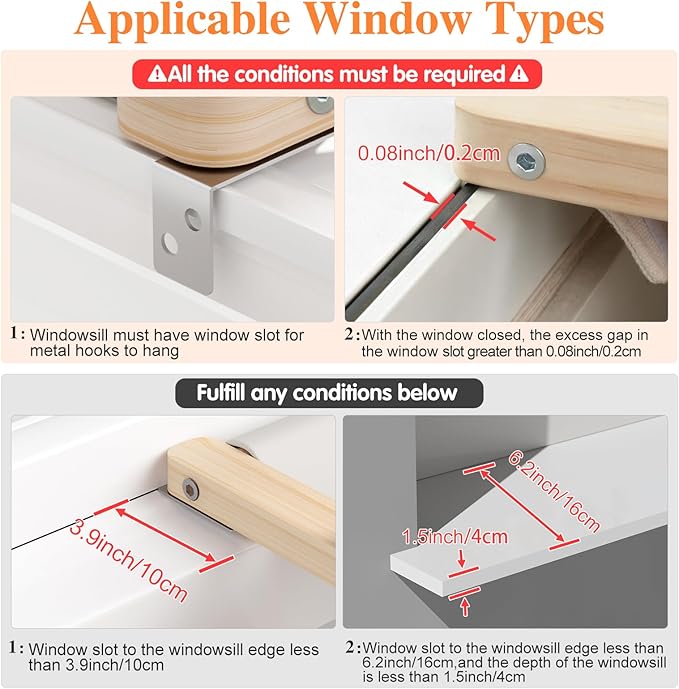 Tresbro 2-in-1 Cat Window Perch & Elevated Cat Hammock, 18.9''L × 15.7''W × 10.2" H Wooden Frame Pet Bed for Indoor Cats, Easy Setup, Adjustable, No Drilling, Cats Perch for Window, Bedside, Ground