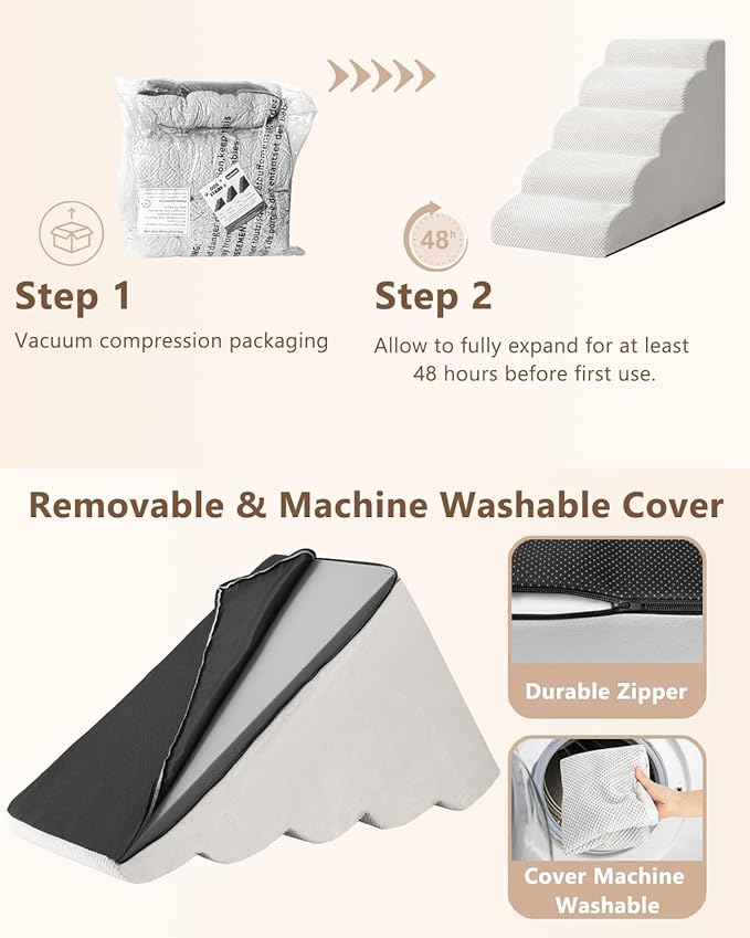 Dog Stairs for High Bed,5 Step Dog Ramp for Small and Medium Dogs,Pet Stairs with Non-Slip Bottom for Puppy, Older Cat,Indoor Pet Steps,Comfort,Durable,22.4" H,Light Grey