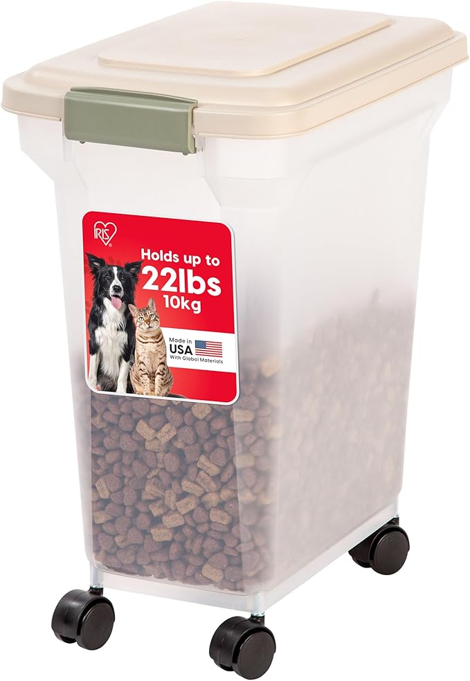 IRIS USA WeatherPro Airtight Dog Food Storage Container, Up to 22 lbs, Attachable Wheels, For Dog Cat Bird and Other Pet Food Storage Bin, Keep Fresh, Translucent Body, Clear/Almond