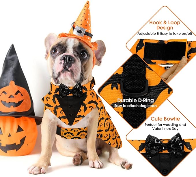 Kuoser Dog Tuxedo Suit and Bandana Set, Bat Pumpkin Print Dogs Halloween Outfit Adjustable Dog Halloween Costume with Bow Tie for Large Medium Small Dogs Golden Retriever Samo Bulldogs, Orange S