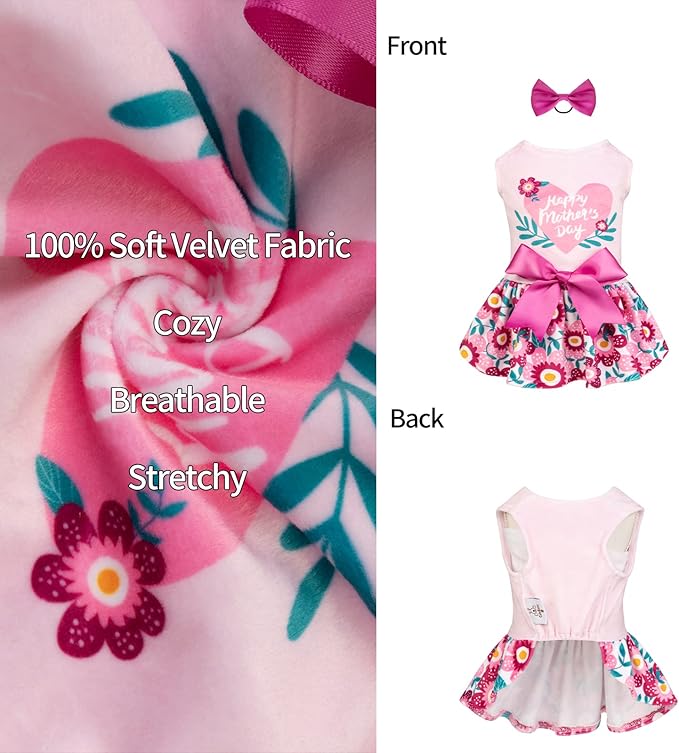 CuteBone Happy Mother's Day Dog Dress Velvet for Small Dogs Girl Floral Skirt Pink Puppy Dresses Dog Clothes CVA22L-D