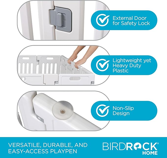 BIRDROCK HOME Pet Playpen with Door | 12 Panel | Strong Plastic | Puppy Safety Fence Pen Playpen | Non-Slip and Secure Dog Gate | White