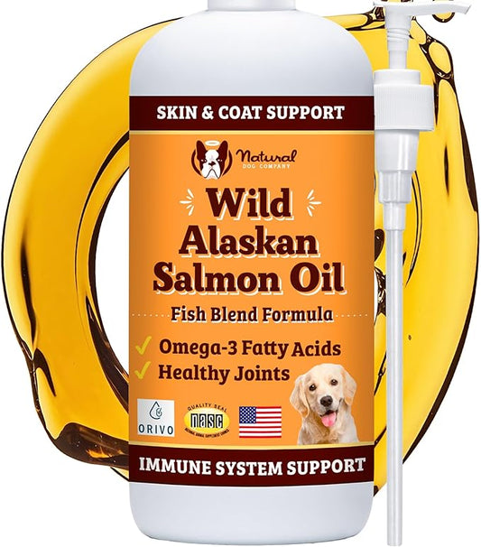 Natural Dog Company Wild Alaskan Salmon Oil Formula with Omega 3, Fish Oil for Dogs Supplement, Skin & Coat Dog Oil, Itchy Relief, Immune Support for Joints & Heart, Food Topper, 16 oz.