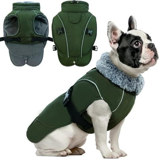 DENTRUN Small Dog Winter Warm Coat - Windproof Cozy Jacket, Thick Fleece Vest with Adjustable Belt, Water Repellent, Reflective Dog Sweater for Yorkie Dachshund Wear, Army Green, S