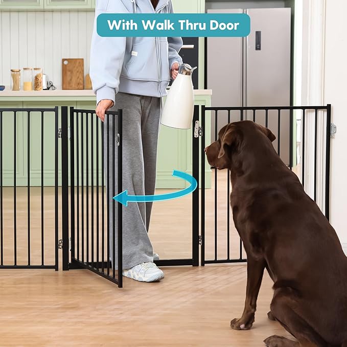 No Pawblems Free Standing Dog Gate with Door, 30'' Tall Foldable Dog Fence for Indoor & Outdoor, Up to 104 Inch Extra Wide Puppy Gate for Stairs, Hallways, Doorways, Deck, Yard (Black, 4 Panels)