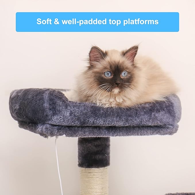 Hey-brother Multi-Level Cat Tree Condo Furniture with Sisal-Covered Scratching Posts, 2 Plush Condos, Perch Hammock for Kittens, Cats and Pets, Smoky Gray MPJ020-SG