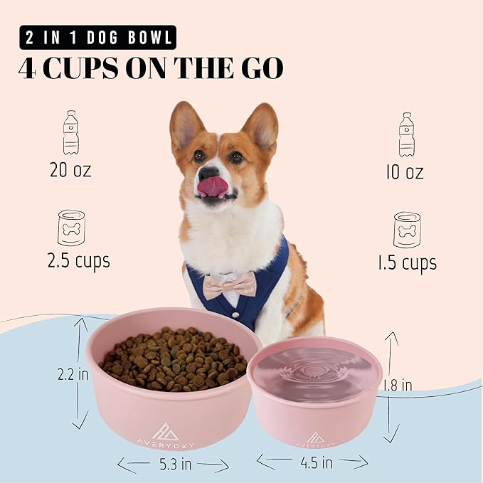 AVERYDAY 30 Oz Travel Dog Bowls with Lids, 2-in-1 Portable Pet Bowls for Food and Water, Leakproof Travel Dog Food & Water Bowl for Outdoor, Camping, Travel Dog Feeding Bowl, Daycare Pet Bowls