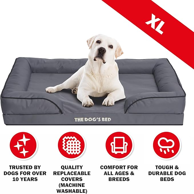 The Dog’s Bed, Orthopedic Standard Foam Waterproof Dog Bed with Standard Support, XL Grey with Black Trim, Waterproof, Supportive Dog Bed with Replaceable Covers