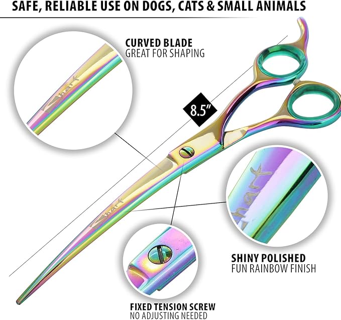 Sharf Rainbow 8.5 Inch Curved Dog Grooming Scissors - Trusted Brand - Premium Steel Professional Dog Grooming Scissors - Ergonomic Design