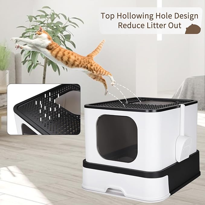 RIZZARI Stainless Steel Cat Box: Enclosed Design with High Walls - Black - Large Litter Pan for Odor Control - Anti Leakage for Bedroom Living Room