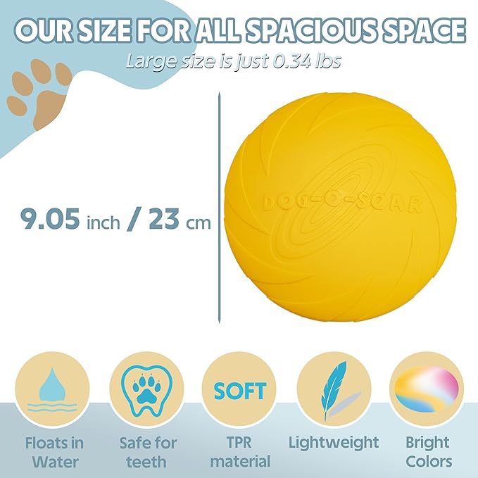 Indestructible Flying Disc, Interactive Flyer Toy for Small Medium Large Dogs, Soft Lightweight Catch and Fetch Toy, Floats in Water & Safe on Teeth, 9.05 Inch (Yellow, 1Pcs)