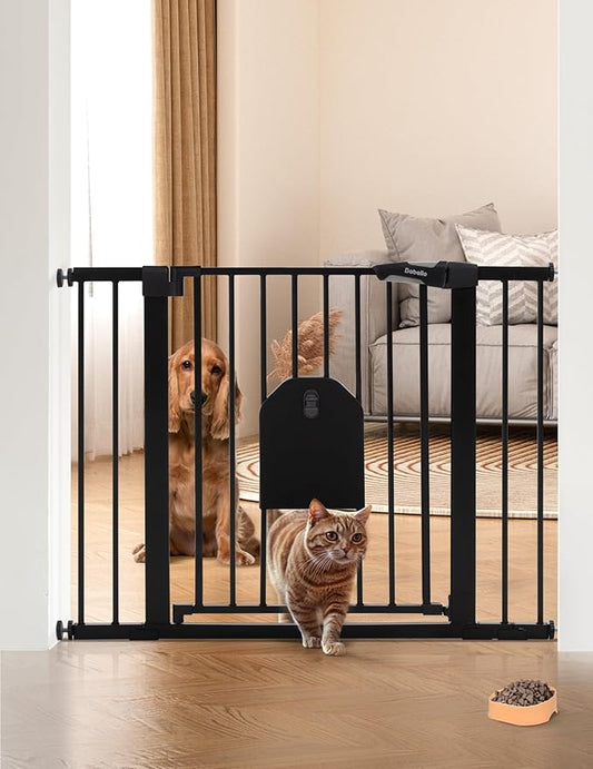 Babelio Auto Close Baby Gate with Cat Door,29-43" Metal Gate for Doorway,Stairs, House,Easy Walk Thru with Pet Door,Includes 4 Wall Cups and 3 Extension Pieces,Black