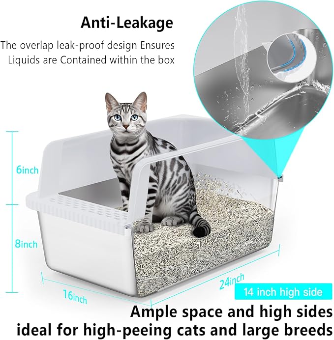 Stainless Steel XXL Cat Litter Box for Big Cats- Metal Extra Large Litter Box with Lid, Include Metal Litter Scoop,Mat. High Sided with Guard Prevent Splashing. No Smell, Always New After Clean.