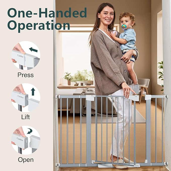 Cumbor 29.7-48" Baby Gate for Stairs, Mom's Choice Awards Winner-Dog Gates for Doorways, Auto Close Safety Pet Gate for Dogs Indoor, Easy Install Pressure Mounted Child Gate with Walk Thru Door, Gray