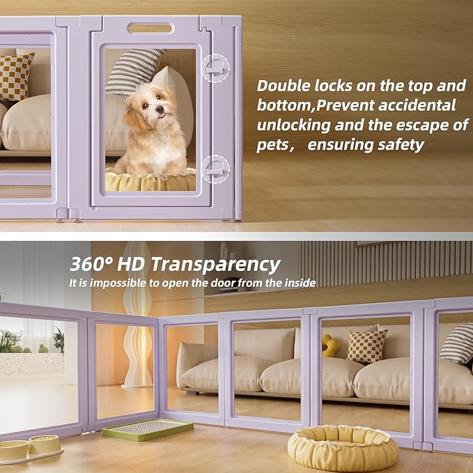 DIY Clear Acrylic Dog Playpen House,Quick Easy Assembly and Disassembly,Strong Floor Suction,Indoor and Outdoor Use,Easy Cleansing Puppy Fence (Purple, 23.6" H, 12PCS)