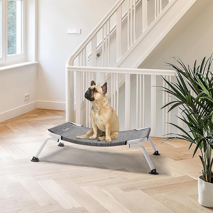 Veehoo Elevated Dog Bed for Outdoor, Cooling Waterproof Raised Dog Cots Beds for Medium Dogs, Curved Off Ground Pet Hammock Cot Lifted for Outside, up to 65lbs, White Legs, Black Silver 32"