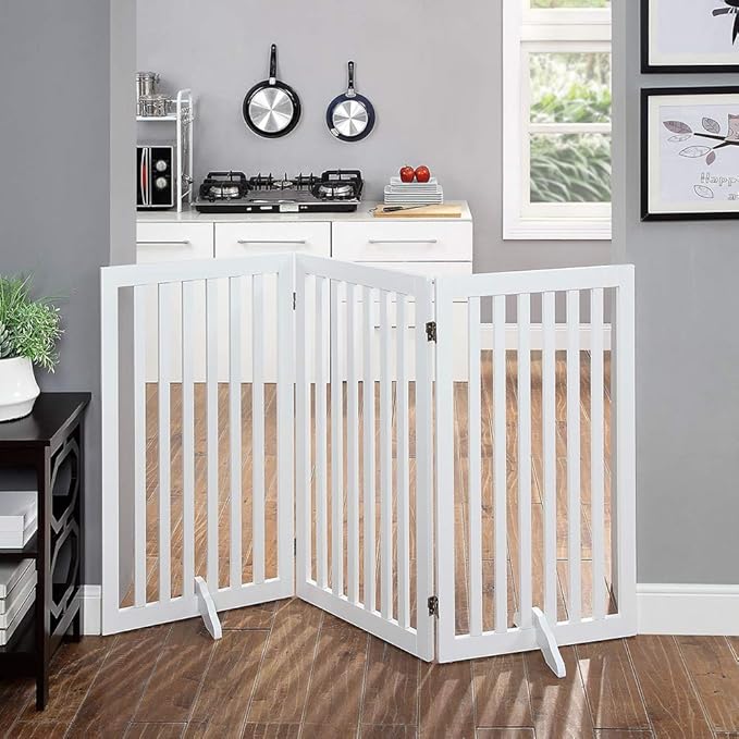 unipaws 36”H Free Standing Pet Gate for Dog Cat, Tall Wooden Gates for Doorway, Stairs, Foldable Pet Fence for The House, Expandable Dog Barrier, Indoor Use, White