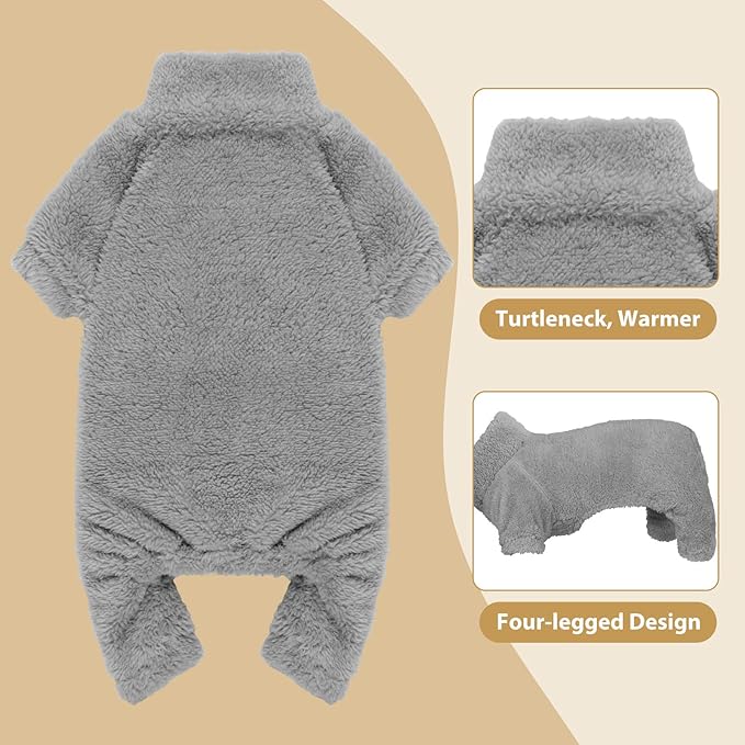 Fuzzy Dog Pajamas Turtleneck Dog Clothes Warm Soft Cozy Lightweight Dog Pjs Dog Sweaters for Small Dogs(Grey-S)