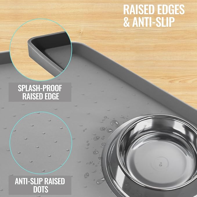 MateeyLife Dog & Cat Food Mat for Floors Waterproof, Nonslip Bowl Mats for Food and Water, Dog Feeding Mats with Raised Edges, Silicone Dog Water Matt Tray for Messy Drinkers, 18"x12", Grey