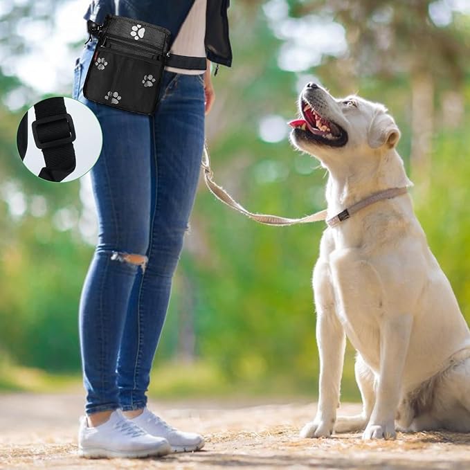 Dog Treat Pouch - 3 Ways to Wear Treat Pouches for Pet Training and 2 Pieces Clicker Taining for Dogs, Dog Training Treat Pouch Bag and Dog Clicker for Training with Waist Belt Shoulder Strap - Paws