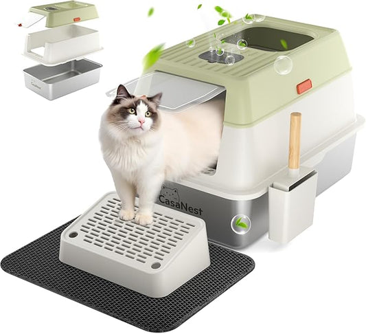 3-in-1 Extra Large Stainless Steel Cat Litter Box with Lid, XL Enclosed Top Entry Metal Litter Box for Large Cats, Non-Stick & Odor Control, Leak-Proof, Easy Cleaning for Multi-Cat Home, Green