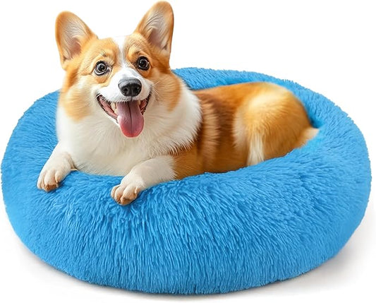 28in Large Dog Bed, Medium Size Dog and Cats, Calming Donut Bed for Puppy and Kitten, Washable Round Fluffy Pet Bed (Light Blue)