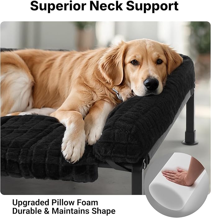 Veehoo Cooling Elevated Dog Bed with Fluffy Plush Cushion, Washable Raised Dog Beds with Removable Bolster, Breathable Mesh, No-Slip Feet, Heavy Duty Pet Cot for Large Dogs, 53 x 37 inches, Black