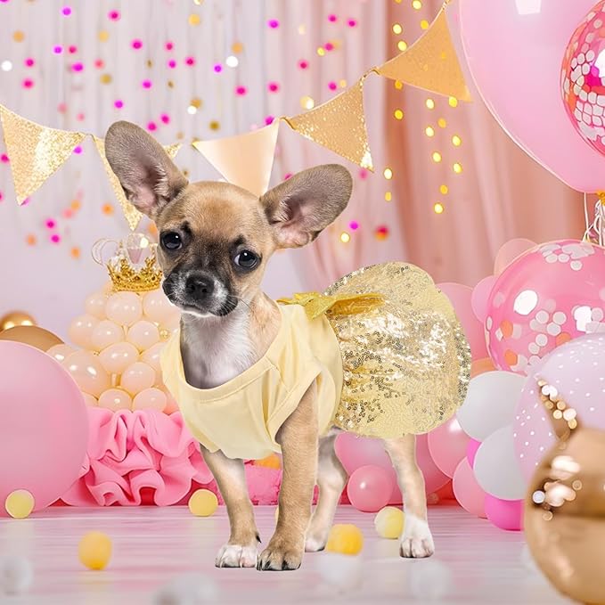 Birthday Dog Dress with Gold Sparkly Sequin Princess Dog Clothes for Small Medium Large Dogs Girls Boys Cats Outfit Apparel