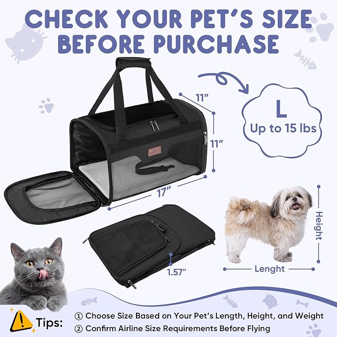 BALEINE Cat Carrier, Puppy Dog Carrier for Small Medium Pets Up to 15 Lbs, Soft-Sided Dog Travel Bag with Safety Zippers, Collapsible Pet Carrying Case (Black, L, 17"x11"x11")