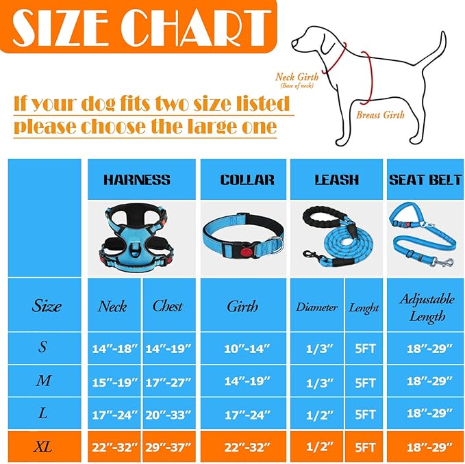 No Pull Dog Harness, Collar & Leash Set | Includes Dog Seat Belt, Collapsible Bowls & Poop Bag Dispenser. Ideal for Training, Walking, Hiking. Fits Small to Large Dogs(Blue-XL)