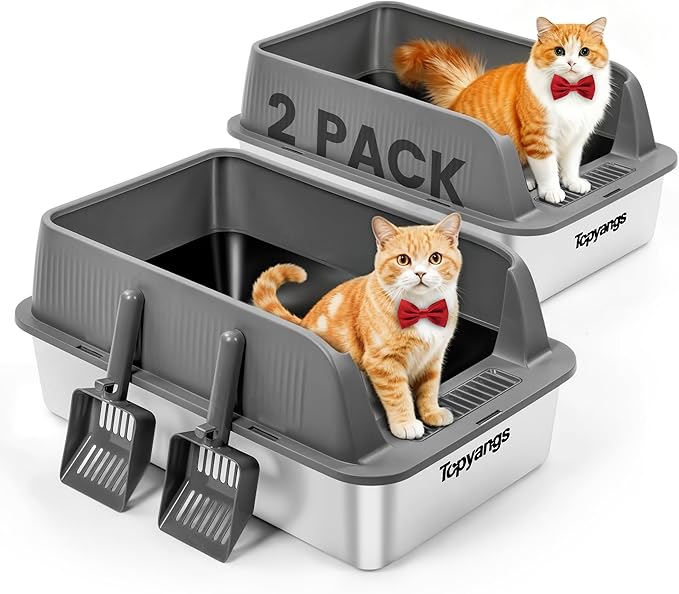 2-Pack Stainless Steel Litter Box, Extra Large Litter Boxes for Big Cats, XL Metal Cat Litter Box with Lid High Sides, Anti-Urine Leakage, Non-Sticky, Scoop Included