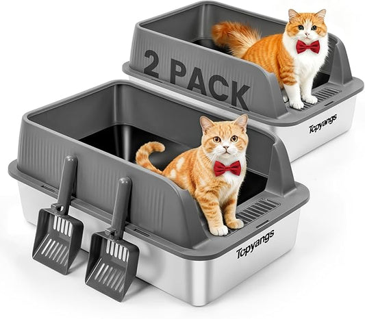 2-Pack Stainless Steel Litter Box, Extra Large Litter Boxes for Big Cats, XL Metal Cat Litter Box with Lid High Sides, Anti-Urine Leakage, Non-Sticky, Scoop Included