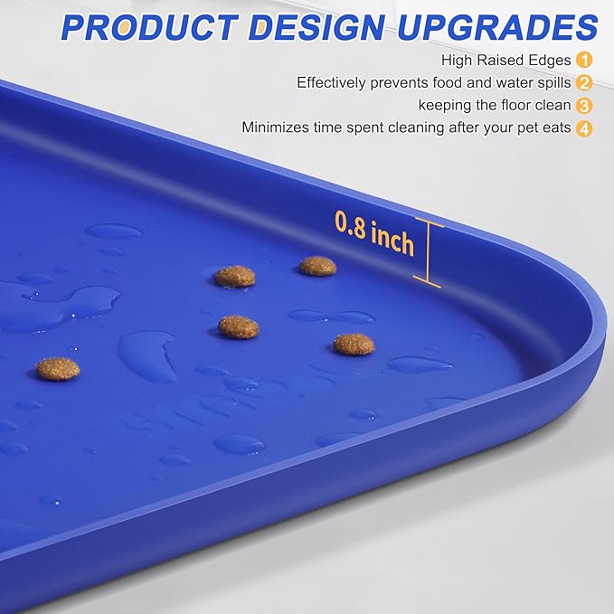 Silicone Pet Feeding Mat with Raised Edge for Food and Water, Dog Bowl Mats, Cat Bowls Placemat with High Lip for Floor Waterproof, Rubber Tray for Cats and Dogs 24 x 16 x0.8 Navy Blue