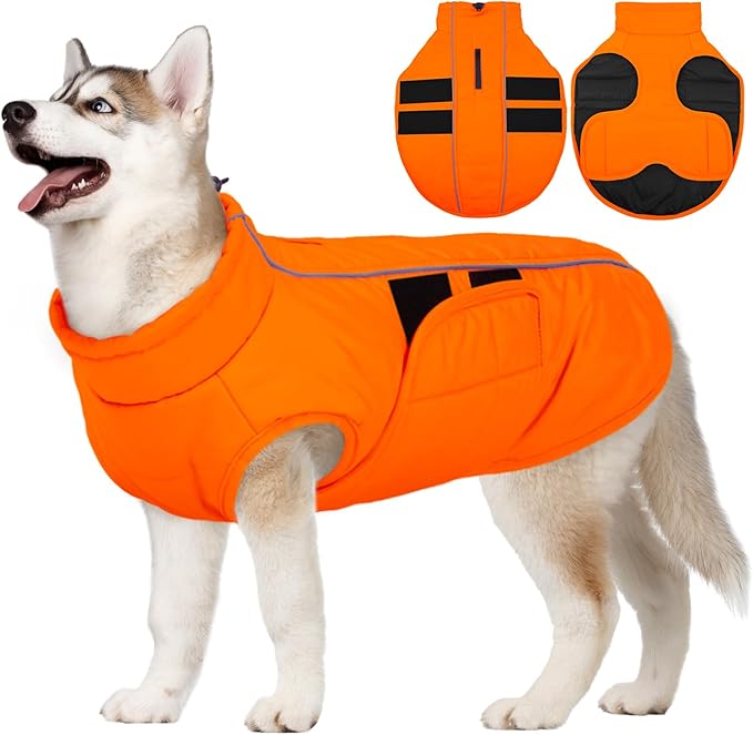 Kuoser XXXL Dog Coat, Dog Jackets for Large Dogs, Reflective Pet Winter Coat Cold Weather Coats, Doggie Snow Jacket Warm Apparel Clothes for Great Dane, Orange XXXL