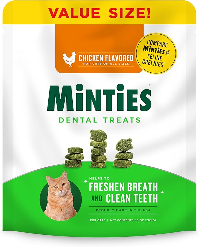 Minties Dental Treats for Cats, Chicken Flavored Cat Dental Treats, Freshens Breath and Controls Tartar, 10oz