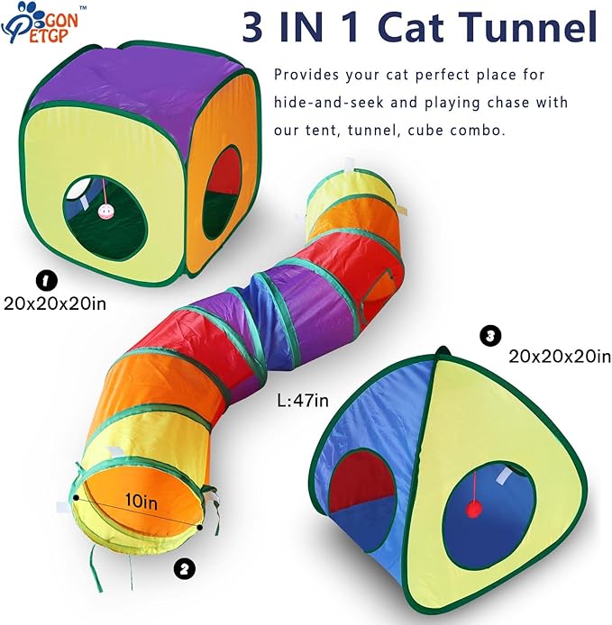 Cat Tunnel and Cubes Combo, Indoor Cat Tunnels with Play Ball, Interactive Crinkle Collapsible Tent and Cubes, All in One Set of 3