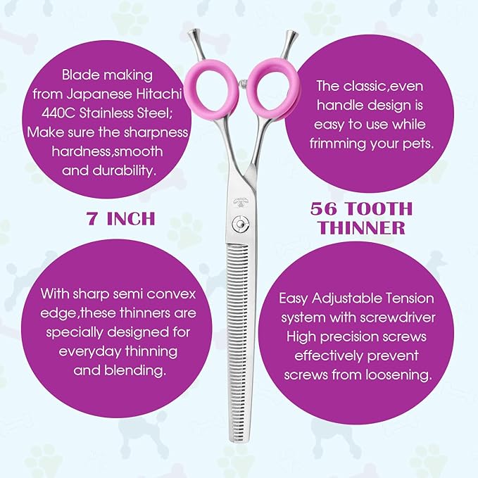 Dog Grooming Scissors, 7.0" Shears with Matte Deluxe Color, 56 Tooth thinning Shears