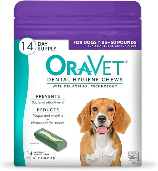 ORAVET Dental Chews for Dogs, Oral Care and Hygiene Chews (Medium Dogs, 25-50 lbs.) Purple Pouch, 14 Count