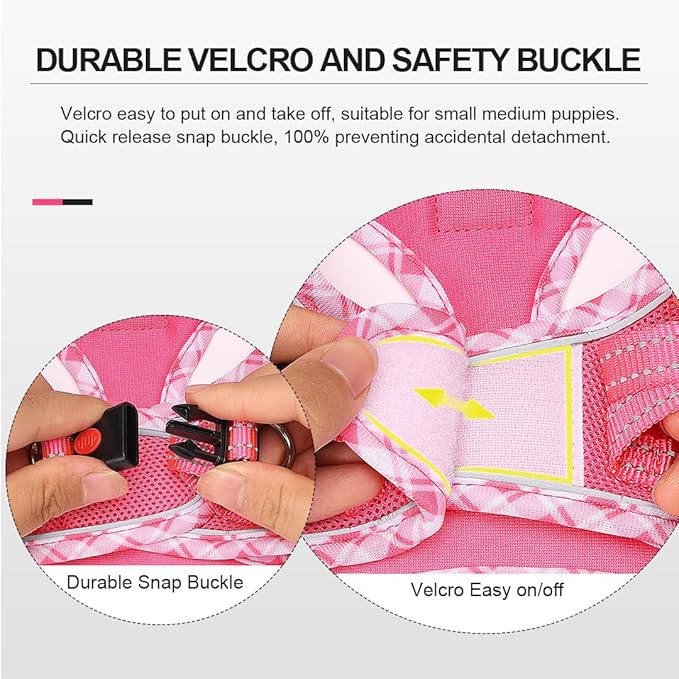 Mercano Soft Mesh Dog Harness and Leash Set, No-Chock Step-in Reflective Breathable Lightweight Easy Walk Vest Harnesses with Safety Buckle for Small Dogs, Cats (XXS, Fuchsia)