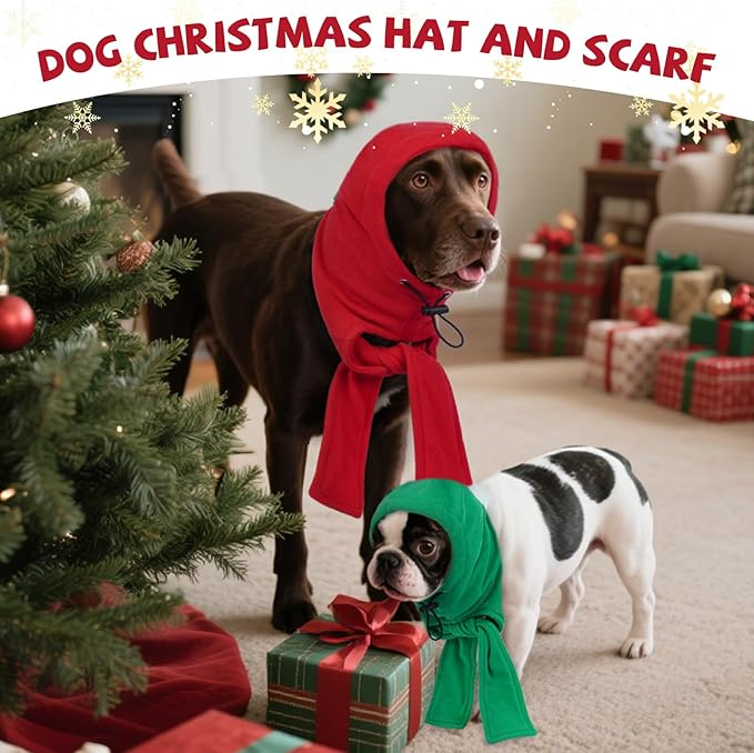 DENTRUN Dog Winter Hat - Cozy Fleece Hood & Scarf for Large Dogs, Noise-Reducing Ear Cover, Christmas Costume, Red (L:12-18" Head Girth)