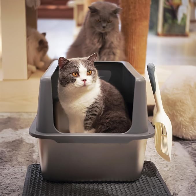 Stainless Steel Cat Litter Box, Covered Metal Litter Tray, Cat Litter Pans with High Sides, Kitty Litter Box for Small and Medium Cats (Non Sticky, Anti-Urine Leakage) 17.5" L x 13.5" W x 6" H