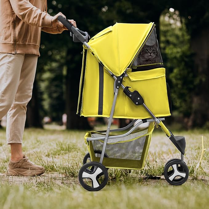 Magshion 3-Wheel Pet Stroller, Foldable Travel Jogger for Small & Medium Dogs & Cats (Up to 33lbs), Lightweight Carrier with Breathable Mesh Cover, Cup Holder & Storage Basket, Yellow