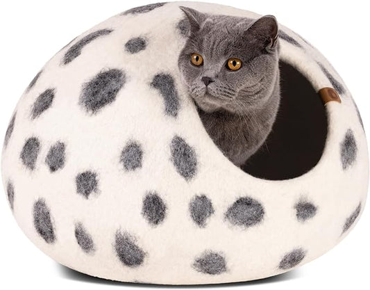 MEOWFIA Cat Cave – Premium Felt Cat Bed for Indoor Cats, Handmade 100% Merino Wool (Medium, Snow Leopard)