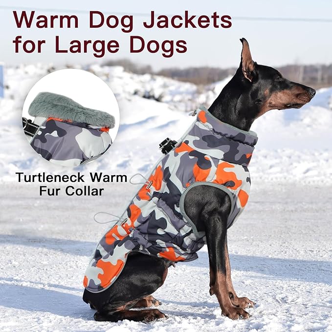 Dog Coat Winter Warm Dog Jackets for Large Dogs Reflective Snowsuit with Harness Fleece Dogs Snow Jacket Waterproof Pet Clothes for Cold Weather