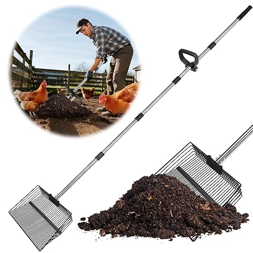 12-inch Large Chicken Poop Scooper with Ergonomic Grip, 5 in 1 Adjustable Chicken Coop Pooper Shovel, Sifting Litter Shovel Scoop for Dog Coop/cowshed‌/Sheep Pen/Pigsty/Stable Cleaning/‌Feed hay
